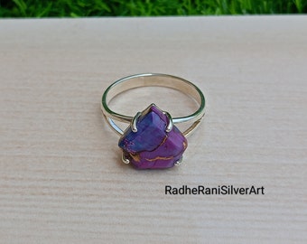 Purple Copper Turquoise Ring, Prong Set Ring, 925 Silver Ring, Diamond Shape Jewelry Statement Ring, Cut Band Ring, Boho Ring, Gemstone Ring