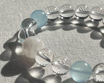 Handmade Aquamarine Quartz with Snowflake Phantom Quartz and White Quartz Bracelet