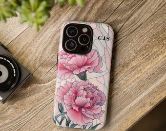 Carnation iPhone Samsung Case: January Birth Flower, Stained Glass Style