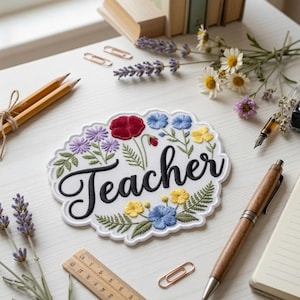 Peut inclure: Un écusson brodé blanc à bord festonné portant le mot Teacher en écriture noire, entouré de motifs floraux colorés incluant des fleurs rouges, bleues, jaunes et violettes avec des feuilles vertes, posé sur un bureau avec des fournitures.
