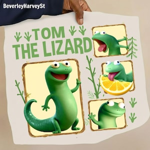 May include: A light beige poster featuring the text "TOM THE LIZARD" in green. The poster has four cartoon images of a green lizard. One lizard is giving a thumbs up. The other three lizards are in square frames.