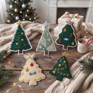 Puede incluir: Cinco adornos de fieltro para árbol de Navidad con detalles bordados que incluyen estrellas, esferas redondas y formas de dulces. El conjunto incluye tres árboles verde oscuro, uno verde claro y uno beige, cada uno con una estrella y borde blanco.