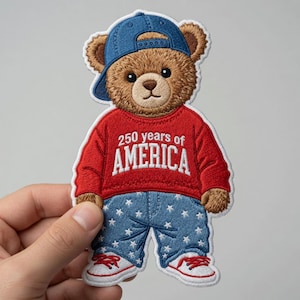 May include: Embroidered patch of a teddy bear wearing a blue cap, red sweater with "250 years of AMERICA" text, and blue jeans with white stars. The bear has brown fur and white trainers.