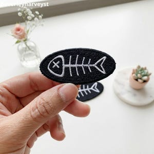 Fish Bone Embroidered Patch, Goth Skeleton Fish Iron On Badge, Black White Applique, Animal Bones Patch, Jacket Backpack