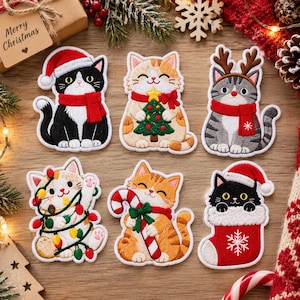 Christmas Cats Embroidered Patch , Festive Holiday Iron On Applique, Cute Kitty Santa Reindeer Badge, Jacket Backpack Custom Patch