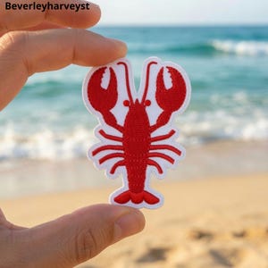 May include: A red embroidered lobster patch with a white border. The lobster design features two large claws, multiple legs, and a segmented tail. The embroidery is dense and uniform, creating a clear, detailed shape of the crustacean.