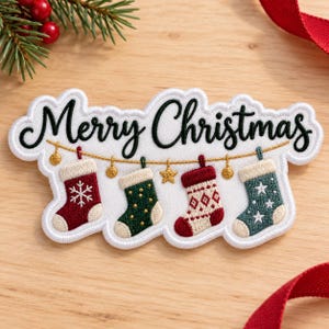 Merry Christmas Stockings Embroidered Patch, Festive Holiday Iron On Applique, Winter Stocking Garland Badge, Jacket Backpack Custom Patch