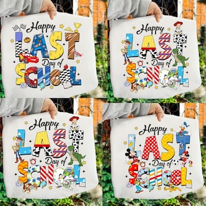 May include: White tote bag with the text "Happy Last Day of School" in colorful letters and various cartoon characters. The design includes a race car, a trophy, and a dinosaur.