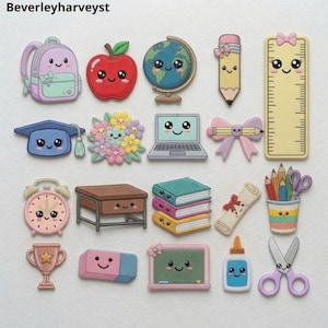 Op de afbeelding: Een verzameling van twintig geborduurde patches met schoolthema-items met lachende gezichten, waaronder een rugzak, appel, wereldbol, potlood, liniaal, afstudeerhoed, bloemen, laptop, strik, wekker, bureau, boeken, perkamentrol, pennenbakje, trofee, gum, schoolbord, lijm en een schaar.