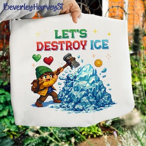 May include: White tote bag with a cartoon illustration. The design features the text "LET'S DESTROY ICE", a character with a hammer breaking blue ice, hearts, stars, and a coin. The bag is held by a person.