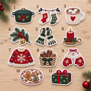 May include: A collection of eleven embroidered Christmas-themed patches featuring a green pot, stockings, a cocoa mug, a pine branch with a bell, a striped scarf, a candle, a jumper, a basket of logs, mittens, biscuits, and a gift box.