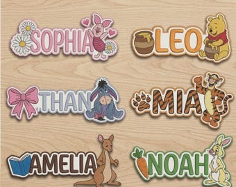 Toppa ricamata personalizzata con nome di Winnie the Pooh e amici, toppa termoadesiva di Pooh, Pimpi e Tigro, toppa con nome per bambini, regalo per lei, regalo per lui