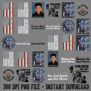 Op de afbeelding: Een digitaal downloadbaar grafisch ontwerp met meerdere ontwerpen. De ontwerpen omvatten de Amerikaanse vlag, portretten van een jonge jongen en tekst zoals "Bring Liam Home", "Justice for Liam" en "Children are not criminals."