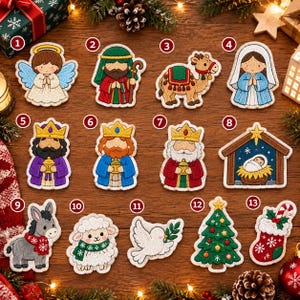 May include: A collection of thirteen embroidered Christmas-themed patches numbered one through thirteen, featuring an angel, a shepherd, a camel, Mary, three kings, a manger, a donkey, a sheep, a dove, a tree, and a stocking.