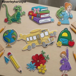 May include: A collection of embroidered patches featuring a green dragon, a stack of books with a pink bow, a teacher with a lizard, a globe, a yellow school bus with the text Zoom!, a green backpack with an apple, a pencil, flowers, and a teacher.