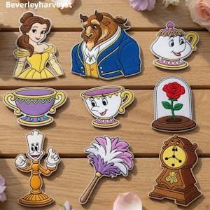May include: A collection of nine embroidered patches featuring characters and objects from Beauty and the Beast, including Belle, the Beast, Mrs. Potts, Chip, a rose in a glass dome, Lumiere, a feather duster, and Cogsworth the clock.