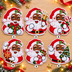 May include: Six embroidered patches featuring a Black Santa Claus in a red suit with white trim. Each patch shows a different pose: holding a gift, ringing a bell, holding a candy cane, holding an ornament, holding a stocking, and holding a tree.