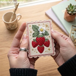 Strawberry Stamp Embroidered Patch, Cute Fruit Iron On Badge, Botanical Applique, Cottagecore Aesthetic Patch, Jacket Backpack