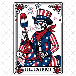 Carta de Tarô Engraçada Patriota PNG, Design de Sublimação de Esqueleto Americano, Arquivo PNG de Caveira Moderna dos EUA para o Dia da Independência, Download Digital Popular