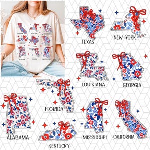 Bundle de carte d'État des États-Unis, Png de carte florale du 4 juillet, carte d'État patriotique avec noeud Png, Png rouge blanc bleu, Png du Memorial Day, chemise de l'Amérique