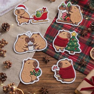 Christmas Cap.ybara Embroidered Patch , Festive Holiday Iron On Applique, Cute Winter Animal Badge, Jacket Backpack Custom Patch