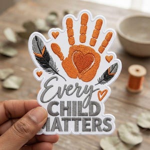 May include: An embroidered patch featuring an orange handprint with a heart in the center, flanked by two grey and orange feathers. The text "Every CHILD MATTERS" is stitched in grey below the handprint, accented by small orange hearts.