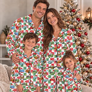 Christmas Racing Car Pajamas, Family Matching Holiday PJs, Cute Cartoon Cars Santa Hat Print, Long Short Sleeve Sleepwear Set