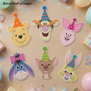 May include: Six embroidered fabric patches featuring cartoon character faces wearing colorful party hats. The characters include a yellow bear, an orange tiger, a pink piglet, a blue donkey with a pink bow, a brown creature, and a yellow rabbit.