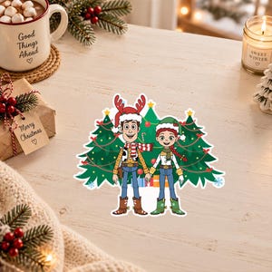 May include: A die-cut sticker featuring cartoon characters Woody and Jessie from Toy Story standing in front of two green Christmas trees. Woody wears a Santa hat with reindeer antlers and a scarf, while Jessie wears a green elf hat and scarf.