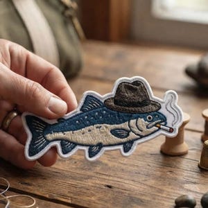 Smoking Fish Wearing A Hat Embroidered Patch, Funny Animal Iron On Applique, Jacket Backpack Custom Patch