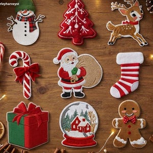 May include: A collection of nine embroidered Christmas-themed patches including a snowman, a red tree, a reindeer, a candy cane with a red bow, Santa Claus with a sack, a striped stocking, a green and red gift box, a snow globe, and a gingerbread man.