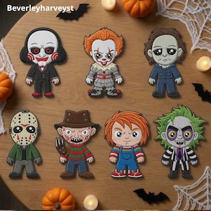 May include: Seven embroidered patches featuring stylized horror movie characters including a puppet in a suit, a clown, a masked figure, a hockey mask character, a clawed figure in a striped sweater, a doll in overalls, and a green-haired character.