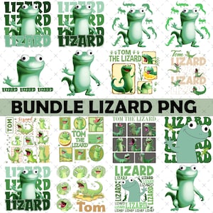 May include: A collection of green lizard-themed PNG graphics. The images include cartoon lizards in various poses, along with the text "Lizard" and "Tom the Lizard". The graphics are suitable for digital design projects.