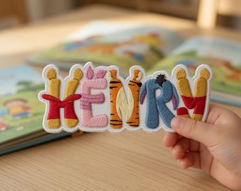 Aangepaste naam Winnie de Poeh en vrienden-borduurpatch, Pooh Knorretje opstrijkpatch, naampatch voor kinderen, cadeau voor haar, cadeau voor hem