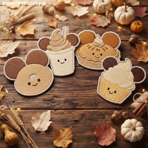 Fall Mouse Patch, Cute Coffee Cup Pie Donut Cupcake Embroidered Iron On Applique, Autumn Dessert Badge, Disney Inspired DIY Gift