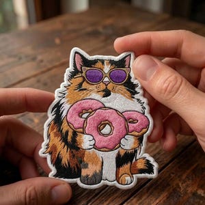 May include: Embroidered patch featuring a calico cat wearing purple sunglasses and holding three pink frosted donuts. The cat has orange, black, and white fur. The patch has a white border and is held between two hands.