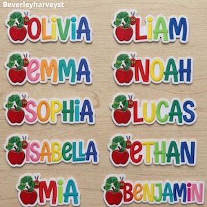 Custom Name Embroidery Patch, Hungry Colorful Worm on Apple, Cartoon Patch for Children's Clothing, Bag, DIY Projects, Back To School