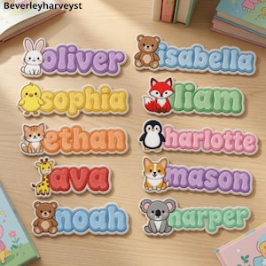 May include: Ten embroidered name patches featuring cartoon animals including a rabbit, bear, chick, fox, cat, penguin, giraffe, dog, and koala. Each patch displays a name in a puffy, colourful font: oliver, isabella, sophia, liam, ethan, harlotte, ava, mason, noah, and harper.