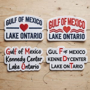 May include: Four embroidered patches on a white background. Top left: blue text 'GULF OF MEXICO' and 'LAKE ONTARIO' with a red heart. Top right: red text 'GULF OF MEXICO' and blue 'LAKE ONTARIO' with a red heart. Bottom patches feature black text.
