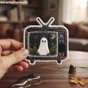 Ghost in TV Embroidered Patch, Vintage Television Iron On Applique, Spooky Cute Halloween Badge, Retro TV Horror Patch For Jacket