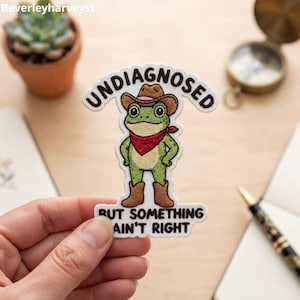 Cowboy Frog Iron On Patch, Undiagnosed But Something Aint Right Embroidered Patch, Funny Toad Applique, Mental Health Badge, Jacket Patch