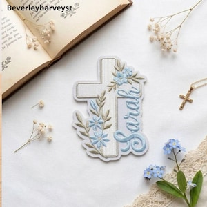 Personalized Floral Cross Embroidered Patches, Custom Name Iron On Patch, Baptism Gift For Girls, DIY Bag Sew On Hook & Loop