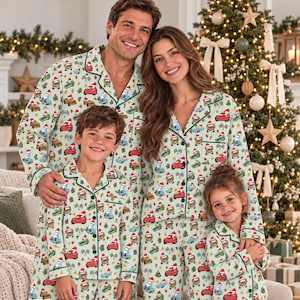 Christmas Racing Car Pajamas, Family Matching Holiday PJs, Cute Cartoon Cars Santa Hat Print, Long Short Sleeve Sleepwear Set
