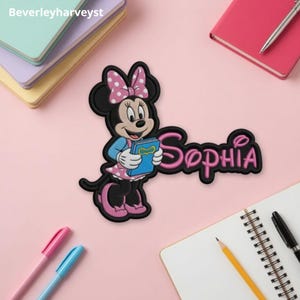 Personalized Minnie Mouse Embroidered Patch, Custom Name Peace Sign Backpack Iron On Patches For Kids, Disney Back to School Gift, Jacket image 1