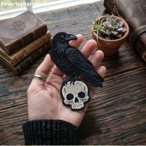 Raven and Skull Embroidered Patch, Goth Crow Iron On Badge, Spooky Bird Skeleton Patch, Jacket Backpack DIY Craft Supply