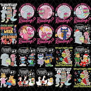 May include: A black graphic with cartoon characters and books, and the text "How many nights a week should you be reading?" with the numbers 6 and 7. The image is a repeating pattern.