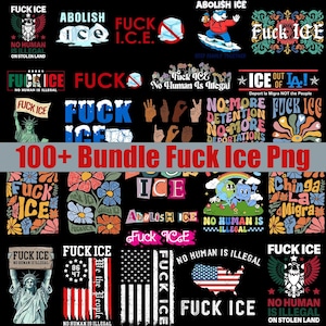 May include: A selection of graphic designs featuring the text "FUCK ICE" and "Abolish ICE" on a black backdrop. The designs incorporate illustrations of the Statue of Liberty, the American flag, and other symbols. The phrase "No Human Is Illegal" is also included.