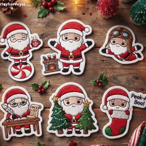 May include: Six embroidered patches featuring Santa Claus in various holiday scenes: holding a mug on a peppermint, standing by a fireplace, wearing aviator goggles, writing a Nice List, standing between two Christmas trees, and peeking from a stocking.
