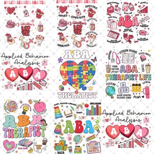 May include: Six colourful digital designs featuring the acronym ABA, which stands for Applied Behaviour Analysis. The designs include hearts, puzzle pieces, books, pencils, and other educational symbols. The text "ABA Therapist" appears in several of the designs.