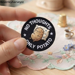 No Thoughts Only Potato Patch, Funny Meme Embroidered Patch, Cute Potato Iron On Badge, Round Sew On Patch for Jacket and Backpack